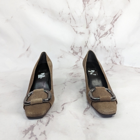 Stuart Weitzman 6.5 M Block Heel Pumps Women Tan Square Toe Buckle Snakeskin - Picture 3 of 11